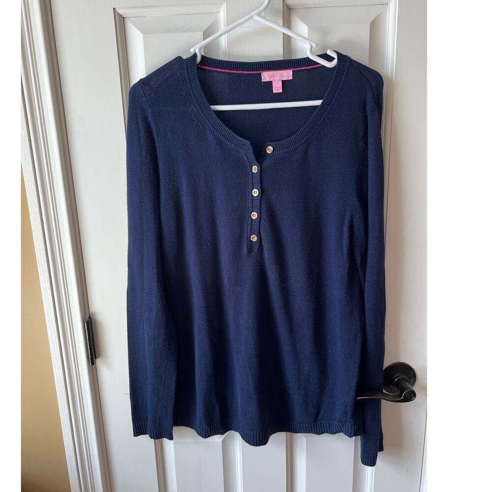 Lilly Pulitzer Navy Blue Long Sleeve Knit Henley Lightweight Sweater Top Size L